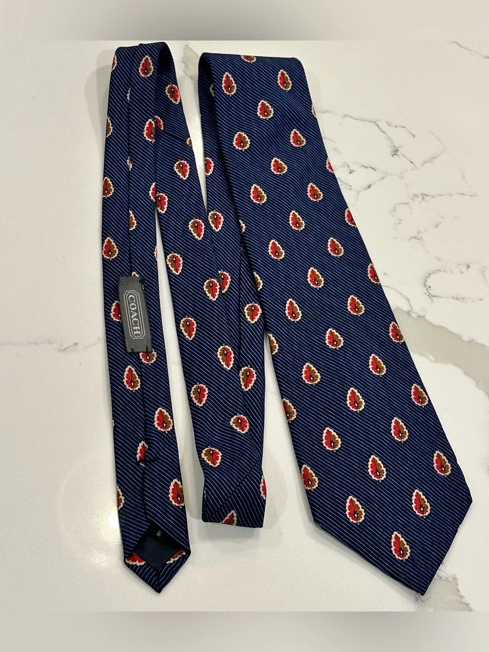 Vintage Coach Silk Neck Tie Navy Blue Red Tan Leaf Geometric Pattern Designer